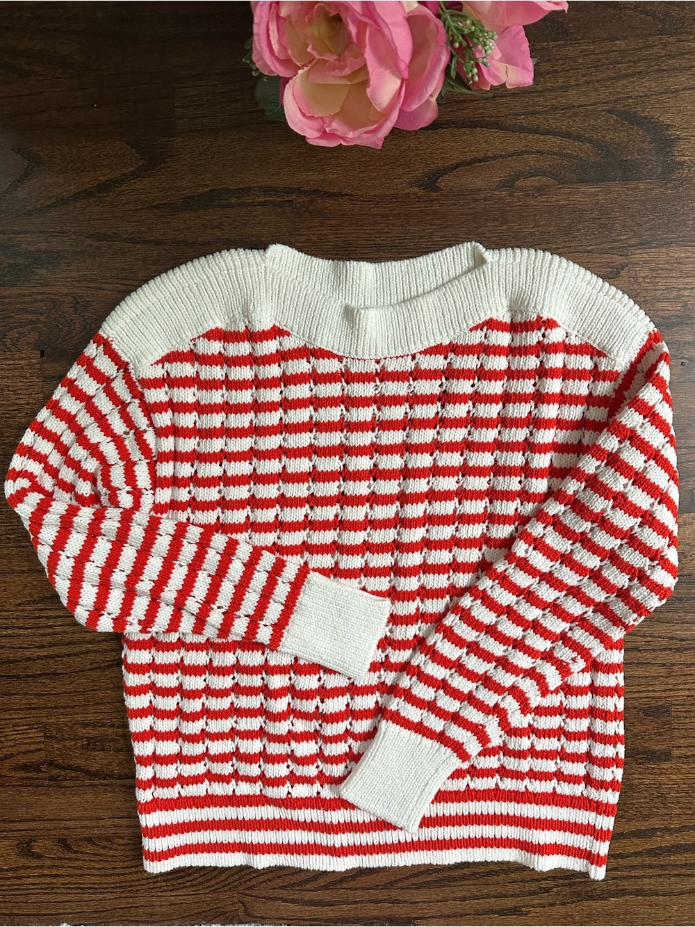 Loft red & cream striped cotton sweater, size M